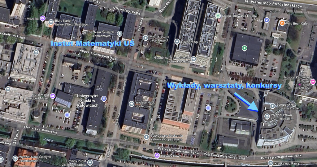 Mapa satelitarna ze wskazanym miejscem Kongresu, tj.  Wydziałem prawa i Administracji UŚ  oraz Instytutem Matematyki UŚ.