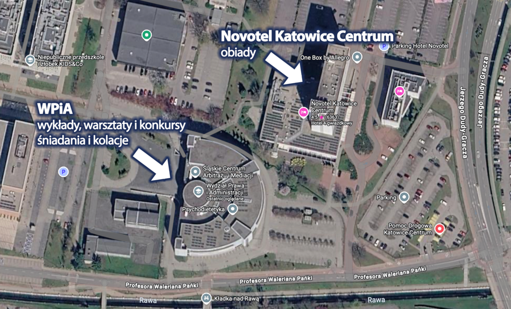 Mapa satelitarna ze wskazanym miejscem Kongresu, tj. Wydziałem prawa i Administracji UŚ oraz Instytutem Matematyki UŚ.